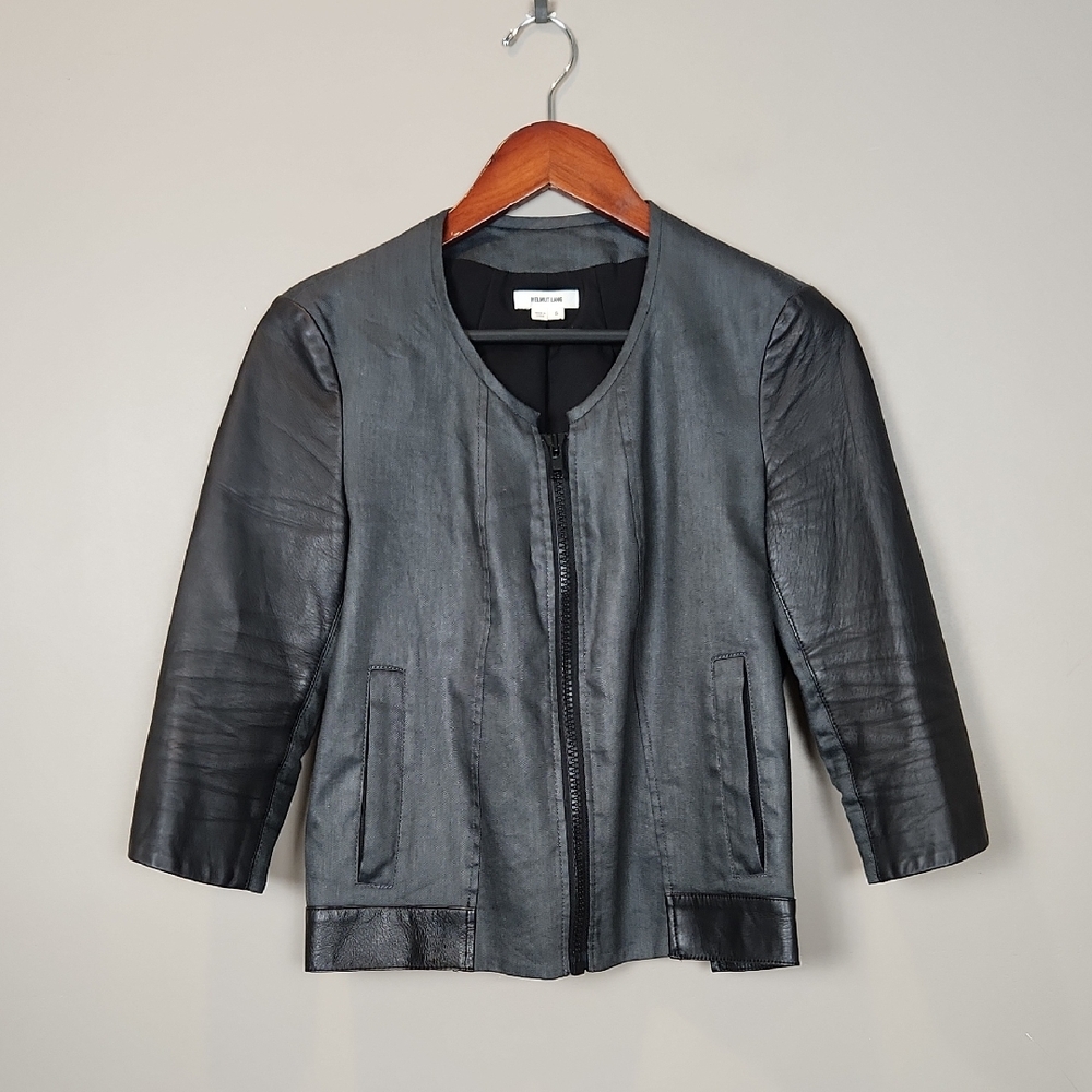 Helmut Lang Gray Cropped Linen Blend‎ Moto Jacket Leather Accents Small